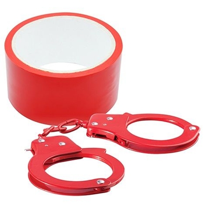 Набор для фиксации Bondx Metal Cuffs And Ribbon: красные наручники из листового материала и липкая лента - фото, цены