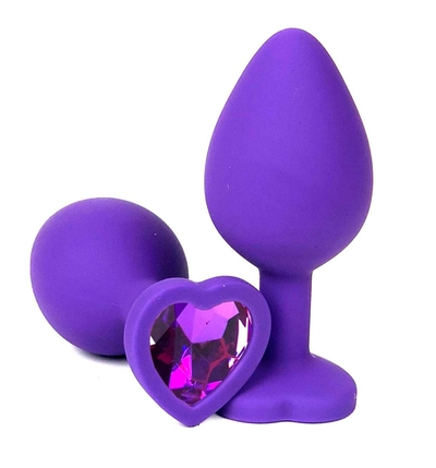 Фиолетовая силиконовая анальная пробка с фиолетовым стразом-сердцем - 10,5 см. - фото, цены