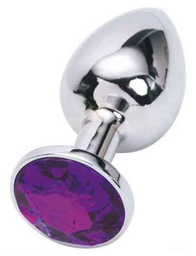 Серебристая анальная пробка из металла с фиолетовым стразом - 7 см. - фото, цены