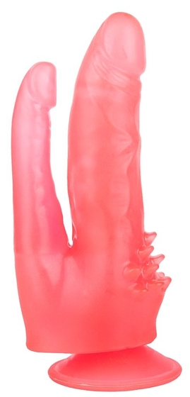 Розовый двойной фаллоимитатор с шипами и присоской - 17 см. - фото, цены