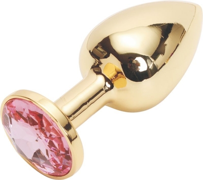 Золотистая анальная пробка с розовым кристаллом размера S - 7 см. - фото, цены