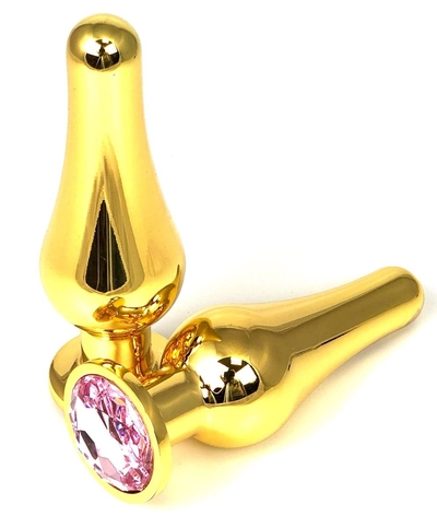 Золотистая удлиненная анальная пробка с нежно-розовым кристаллом - 9 см. - фото, цены