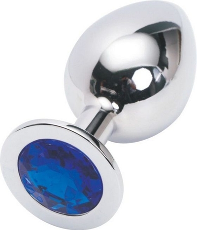 Серебряная металлическая анальная пробка среднего размера с синим стразиком - 8,2 см. - фото, цены