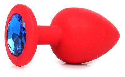 Красная силиконовая анальная пробка с синим стразом - 9,2 см. - фото, цены