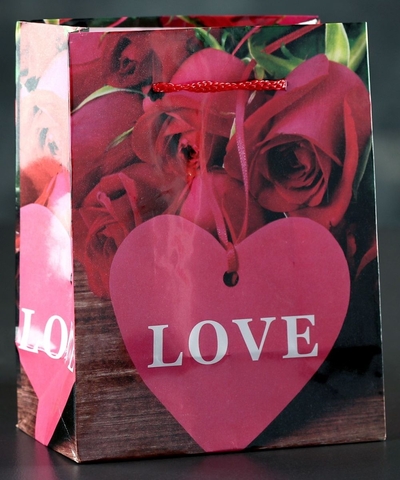 Подарочный пакет Love с розочками и сердечками - 15 х 12 см. - фото, цены