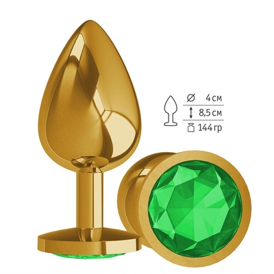 Золотистая большая анальная пробка с зеленым кристаллом - 9,5 см. - фото, цены